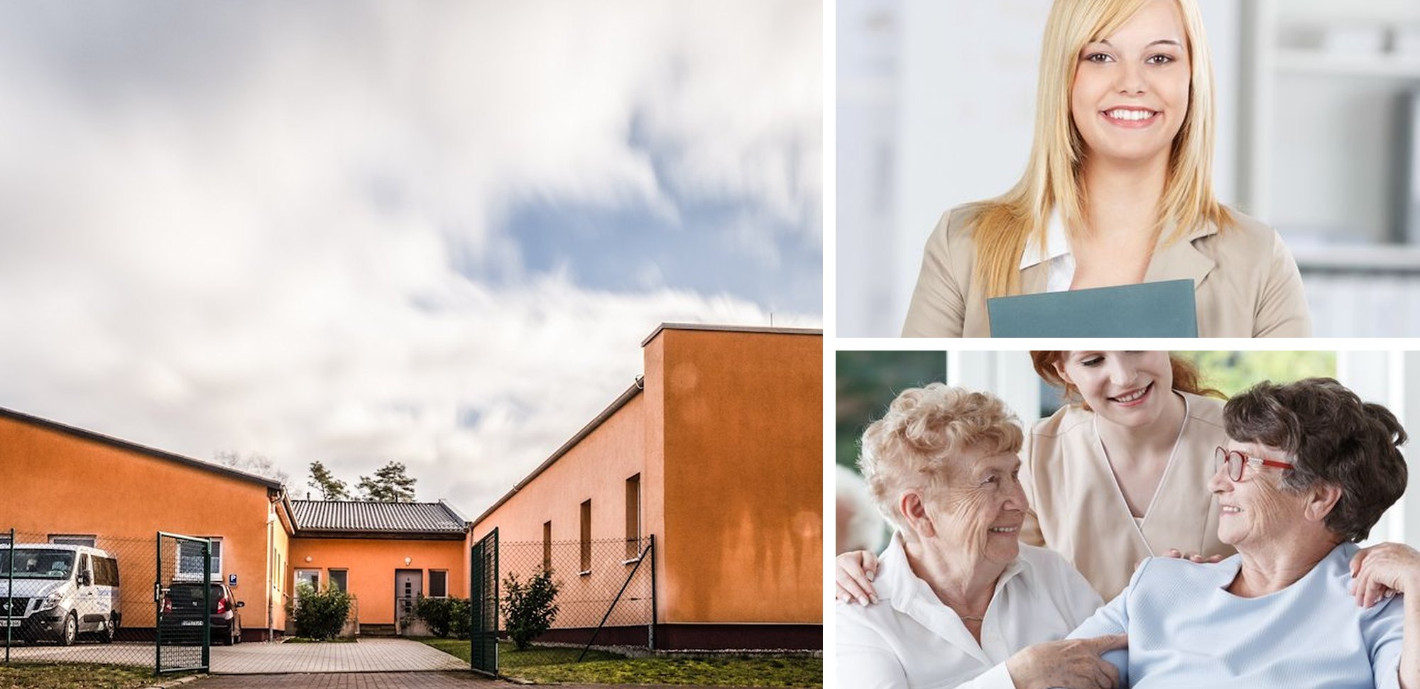 Bildkollage: Tagespflege Dreetz, eine Bewerberin mit Mappe und eine Pflegerin mit zwei Seniorinnen