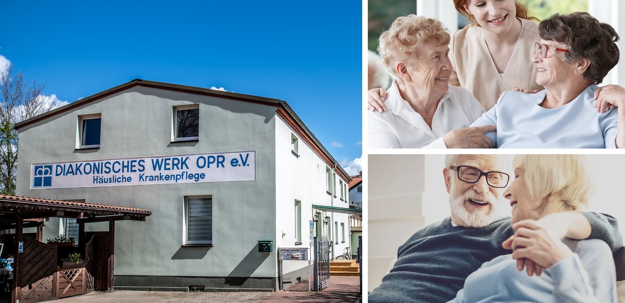Bildkollage: Haus in der Bahnhofstraße 11a, eine Pflegerin mit zwei Seniorinnen und ein älteres Paar