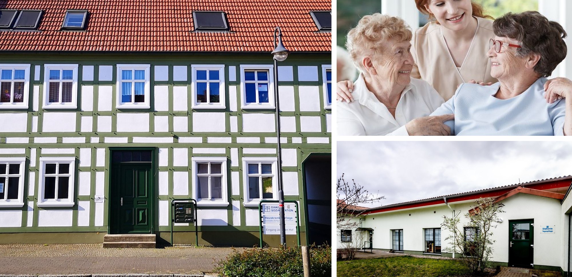 Bildkollage: Sozialstation Neustadt (Dosse), eine Pflegerin mit zwei Seniorinnen und die Tagespflege Neuruppin