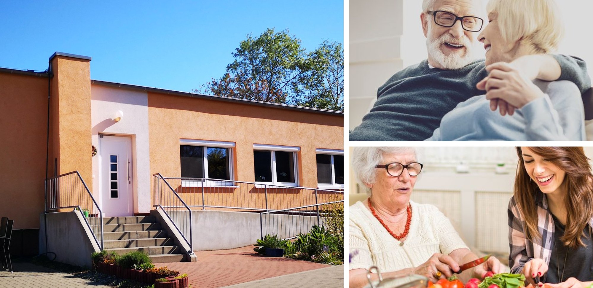 Bildkollage: Seniorenwohngemeinschaft Dreetz, ein älteres Paar und eine Seniorin, die mit einer jungen Frau kocht