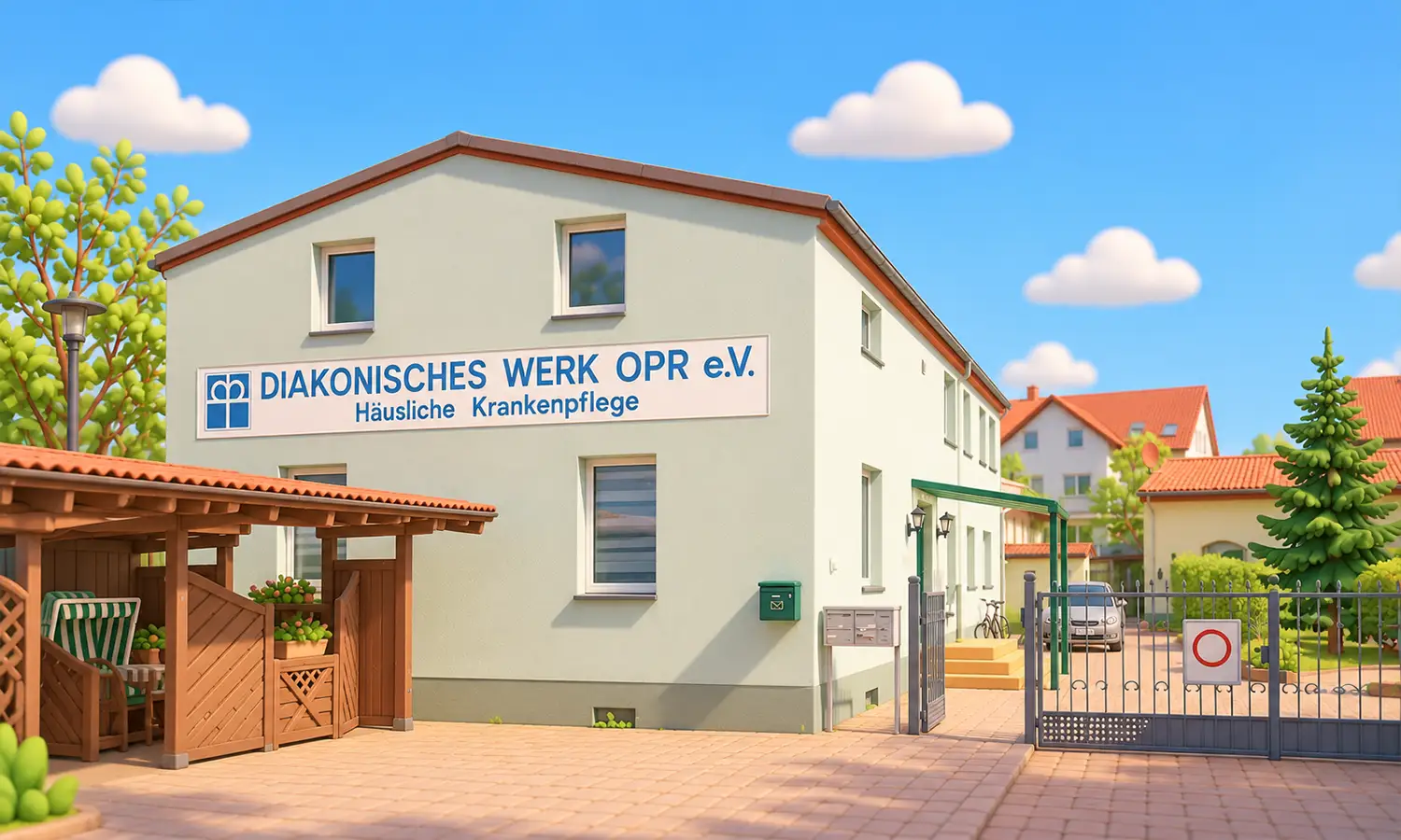 Das Haus Bahnhofstraße 11a in Neuruppin mit dem Schild des Diakonischen Werks OPR